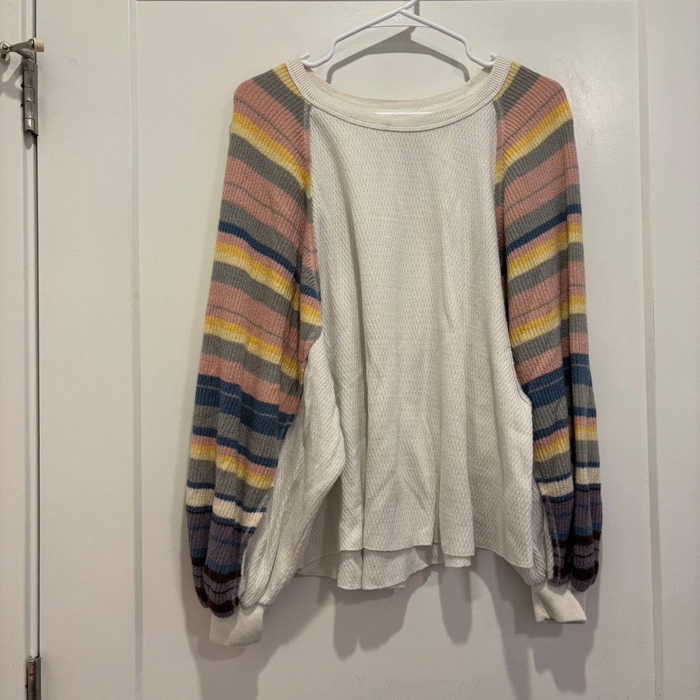 Free People We The Free Thermal Top White Multi Color Striped Sleeve Small